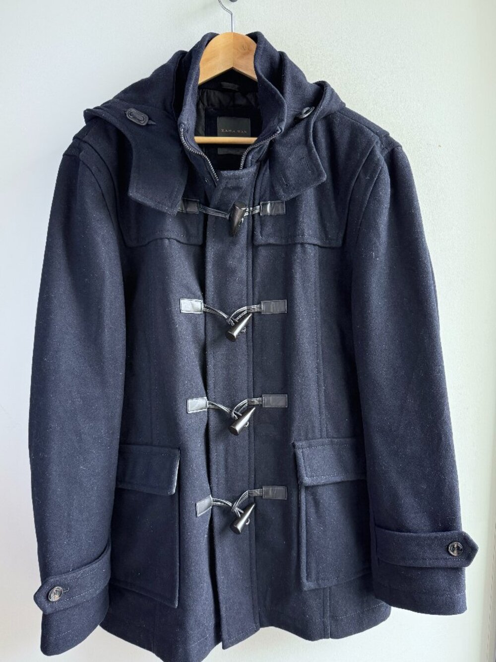 Zara Man Wool Blend Duffle Coat Black Toggle Hooded Winter Jacket XL